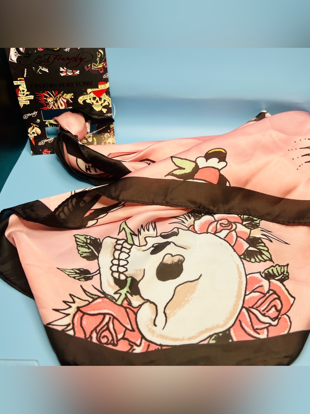 Ed Hardy Vintage Y2K Pink Silk-Feel Tattoo Print Skull & Roses Square Scarf NWT